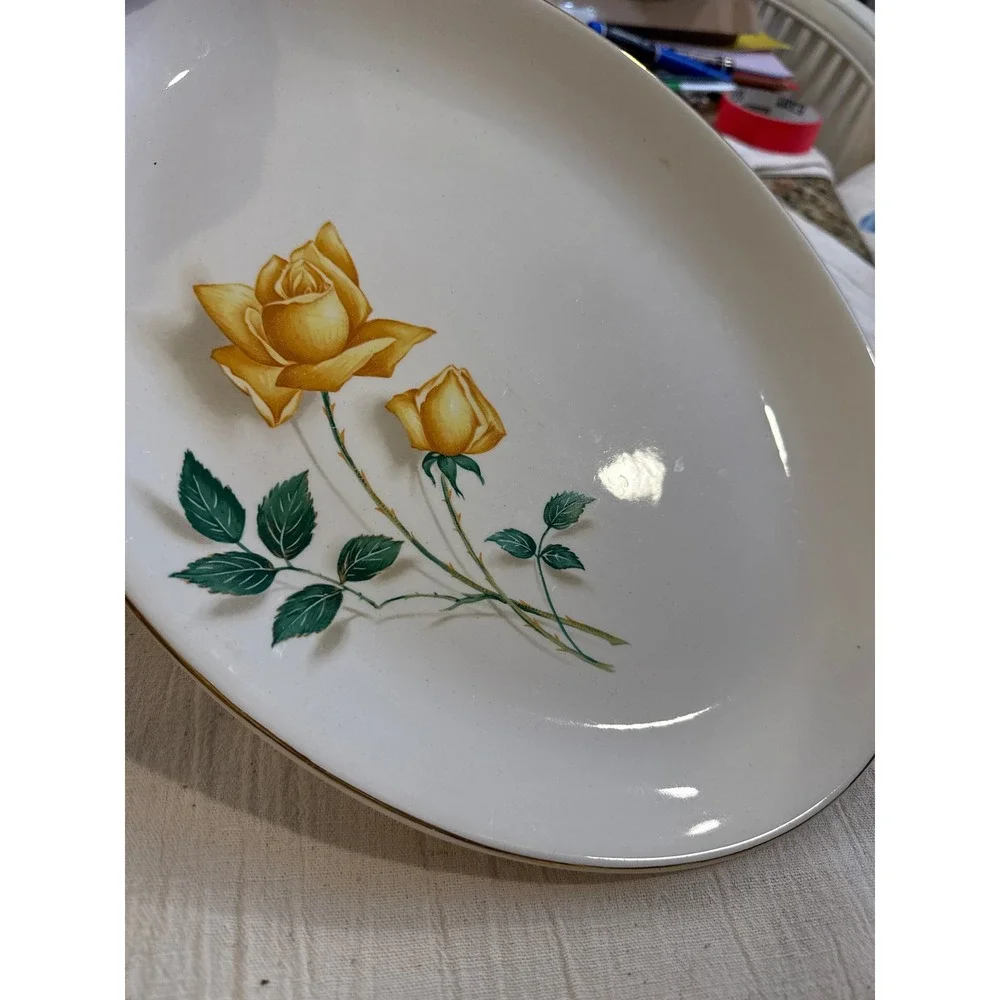 Canonsburg Pottery Simplicity Yellow Rose Oval Serving Platter Gold Trim 13in